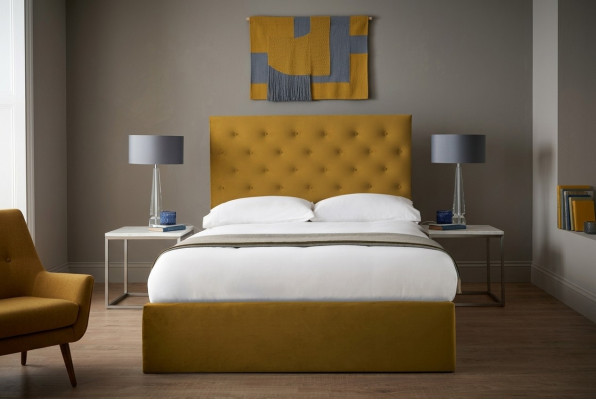 English Chesterfield bed designer upholstered bed frame textile fabric gold