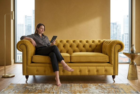 Yellow Chesterfield two-seater designer living room 2-seater couch