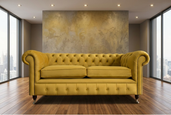 Yellow Chesterfield two-seater designer living room 2-seater couch