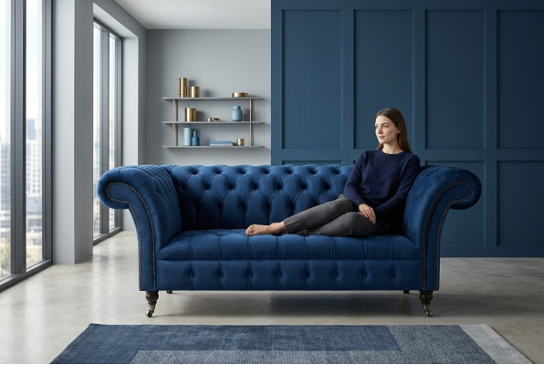 Classic Chesterfield Couch Blue Upholstered Set 2-Seater Sofas Sofa 185cm