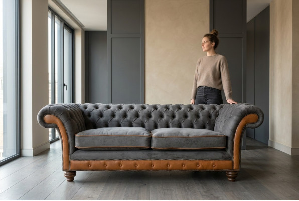 Gray-brown Chesterfield 3-seater luxury living room couch