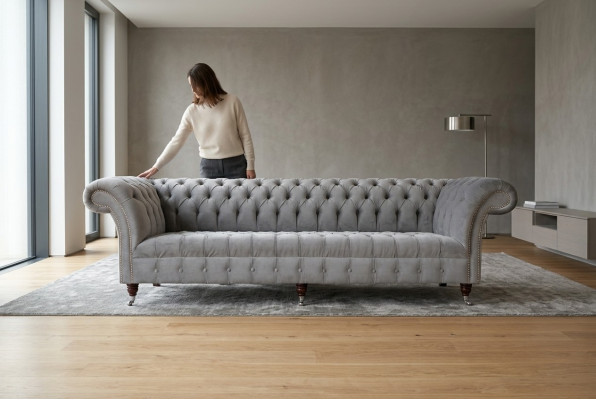 Classic Chesterfield Sofa 4-Seater Sofas Couches Leather Gray Design Upholstery