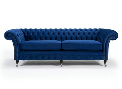 Classic Chesterfield Couch 4-Seater Sofa Velvet Leather Blue Design Upholstery