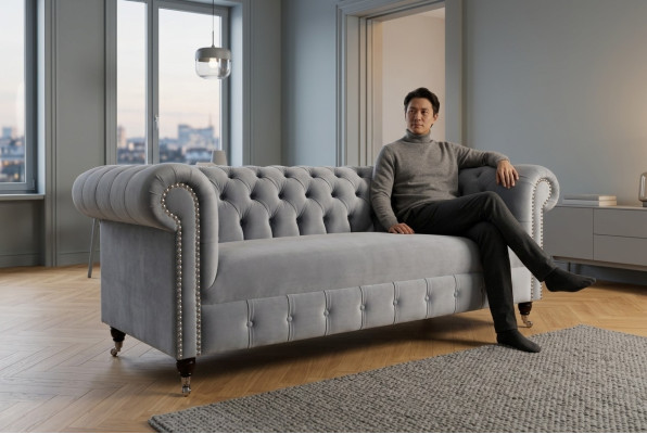 Gray Chesterfield Upholstered 3-Seater Modern Living Room Sofa