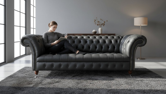Gray Chesterfield Leather Three-seater Designer 3-Seater Couch
