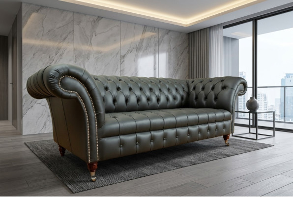 Gray Chesterfield Leather Three-seater Designer 3-Seater Couch