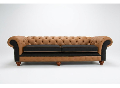 Brown Chesterfield Couch 4-Seater Sofa Velvet Leather Design