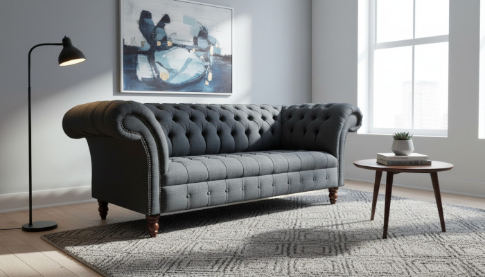 Gray textile sofa gray Chesterfield three-seater luxury living room couch