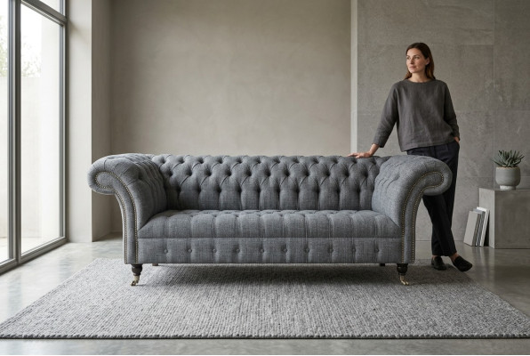 Gray Textile Chesterfield Three-Seater Luxury 3-Person Couch Designer Sofa