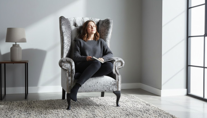 Wingback chair Chesterfield sofa couch upholstery 1-seater armchair sofas textile silver