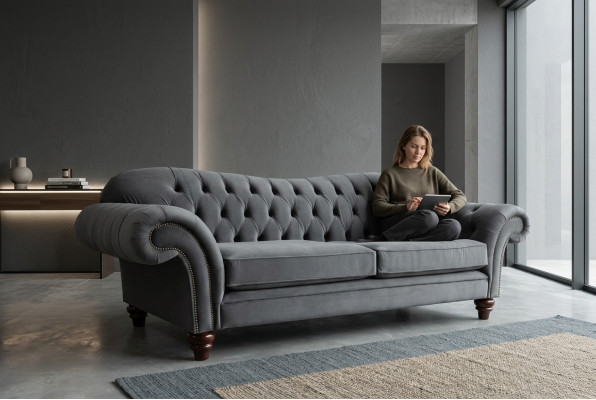 Big Sofa 4-Seater Couch Chesterfield Upholstery Seat Set Fabric Textile New Grey