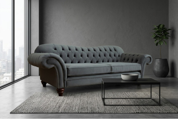Big Sofa 4-Seater Couch Chesterfield Upholstery Seat Set Fabric Textile New Grey