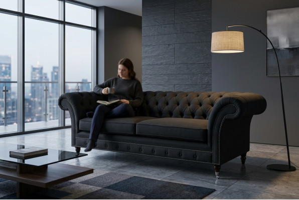 Black Modern Three-Seater Chesterfield Luxury Sofa