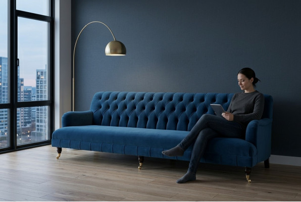 Large Blue Chesterfield Four-Seater XXL Luxury Sofa Couch Upholstered Furniture
