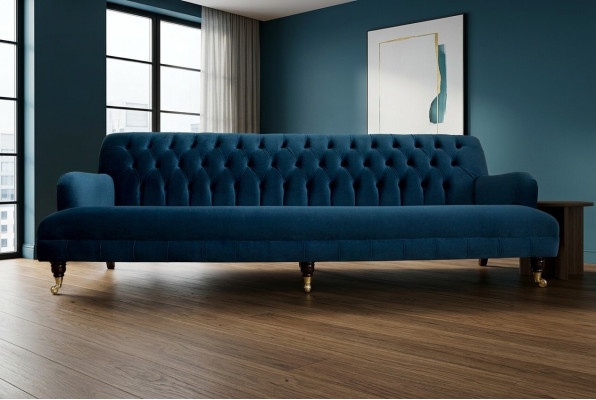 Large Blue Chesterfield Four-Seater XXL Luxury Sofa Couch Upholstered Furniture