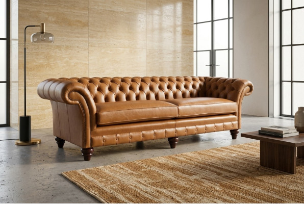 Brown Chesterfield Sofa Luxury 4-Seater Couch Upholstery Fabric Seater