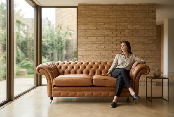 Sofa 3-seater couch Chesterfield upholstered seating set leather brown textile
