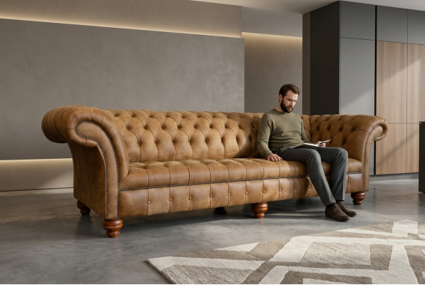 Chesterfield Brown Couch Sofa Upholstery 4-Seater Couch Seating Set