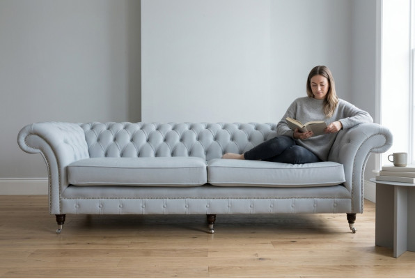 Gray Chesterfield 4-seater upholstered couch modern style velvet textile fabric sofa