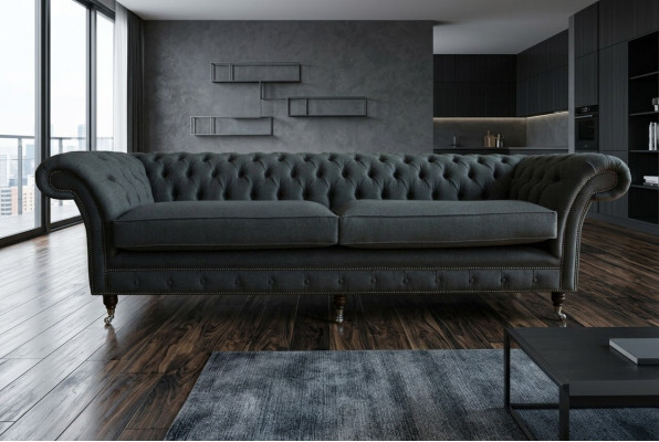 Original Chesterfield textile leather sofa couch upholstery big seat cushion gray 265cm