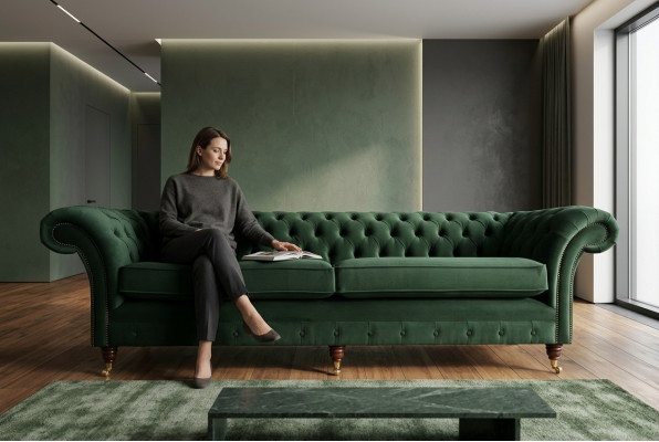 Green Chesterfield textile leather sofa couch upholstery big seat cushion XXL 265cm new