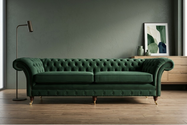 Green Chesterfield textile leather sofa couch upholstery big seat cushion XXL 265cm new