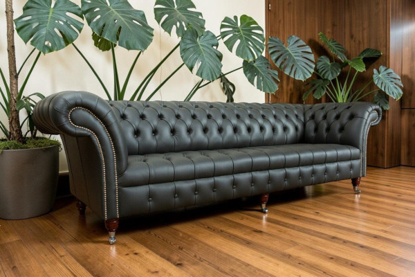 Gray Chesterfield 4-Seater Large Sofa Couch Textile Leather Upholstered Sofas