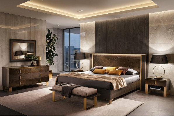 Bed, nightstand, dresser, 4-piece, bedroom set, deco design, modern luxury.