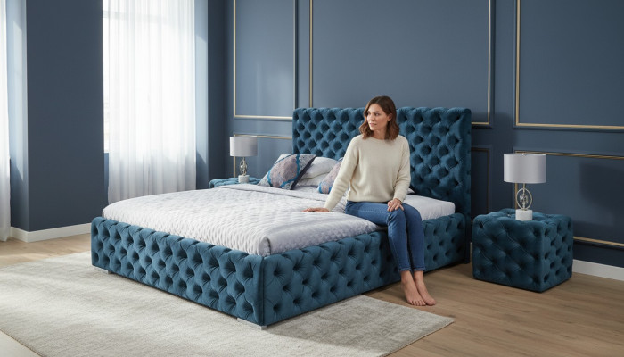 Double bed bedroom velvet beds Chesterfield bed frame bedside table 3-piece set