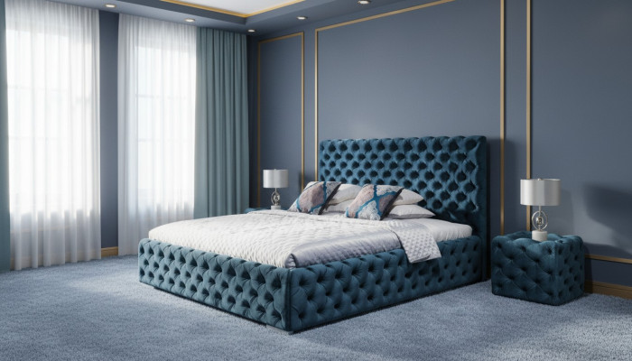 Double bed bedroom velvet beds Chesterfield bed frame bedside table 3-piece set