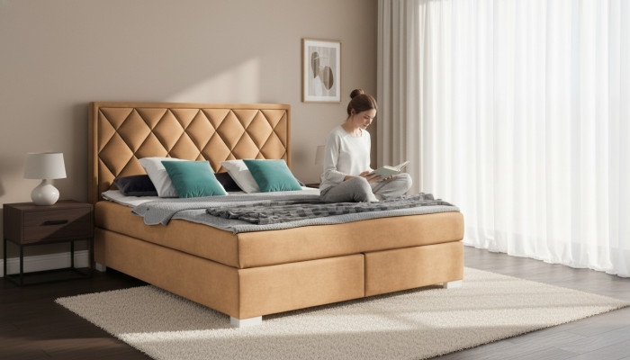 Luxury box spring bed fabric hotel beige beds bedroom furniture design double
