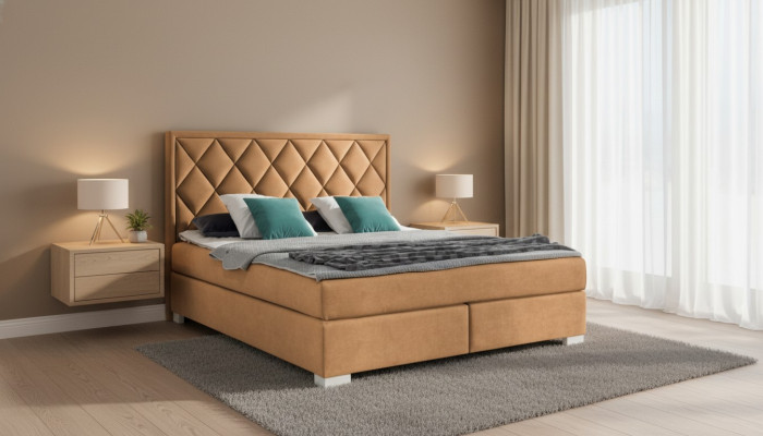 Luxury box spring bed fabric hotel beige beds bedroom furniture design double