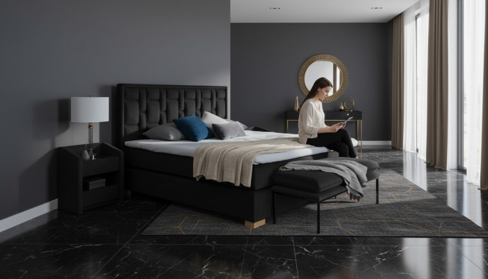 Luxury Box Spring Bed Black Blue Beds Bedroom Furniture Design Double Hotel