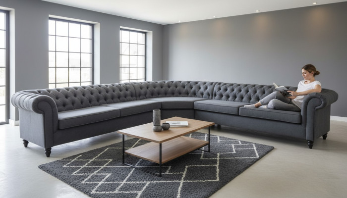 Corner sofa, sofa design, Chesterfield couch, textile fabric, living landscape, sets