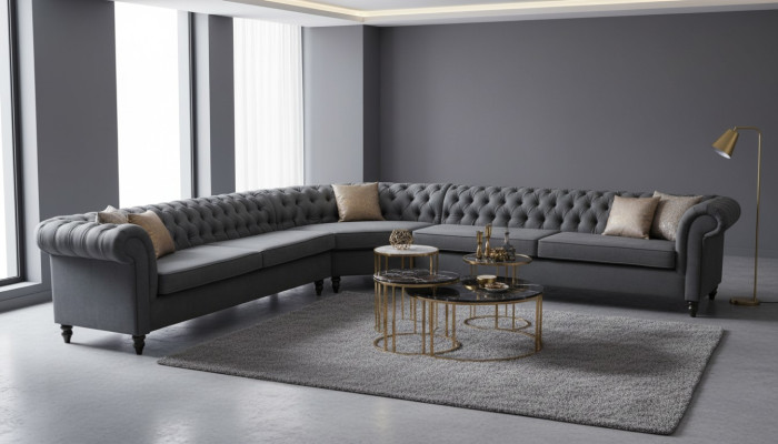 Corner sofa, sofa design, Chesterfield couch, textile fabric, living landscape, sets