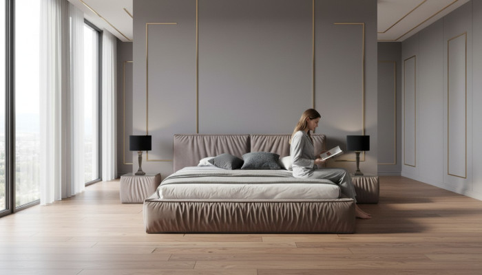 Luxury designer bed for the bedroom, upholstered in velvet furniture, beds, fabric, textile, new