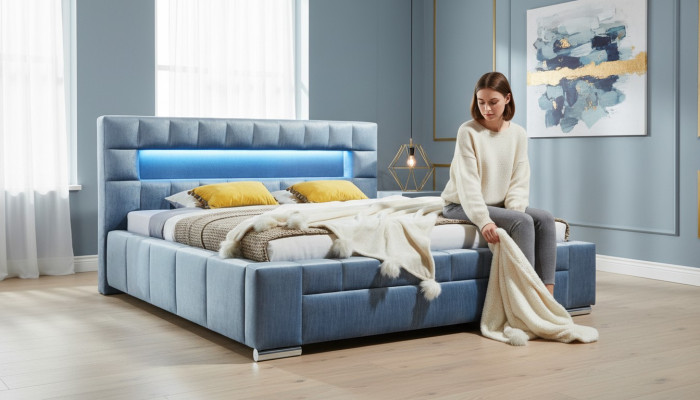 Luxury box spring bed fabric hotel blue beds bedroom furniture design double
