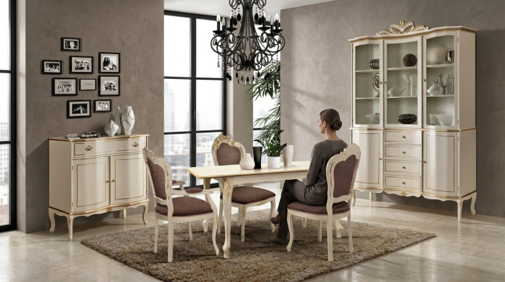 Luxury Dining Room Set 6-piece White Wood Furniture Sideboard 3x Chair Table