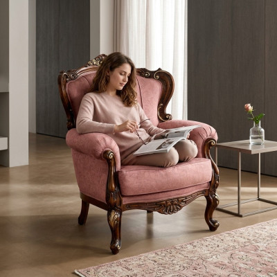 Send Designer Luxury Baroque Pink Armchair Italian Wood Living Room Furniture New