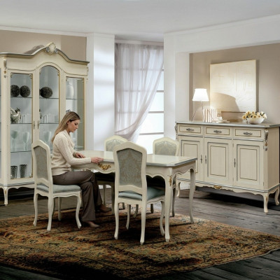 Luxury Dining Room Set 7-Piece White Wood Furniture Sideboard 4x Chair Table Display Cabinet