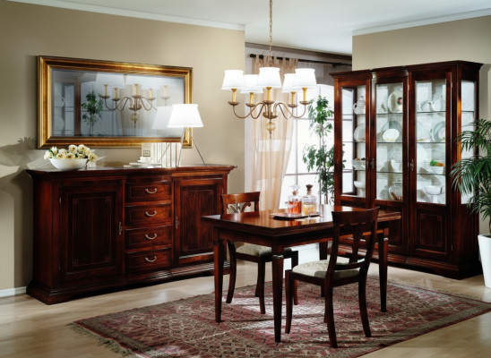 Dining table, 2 chairs, display cabinet, sideboard, mirror, complete dining room set, 6-piece, new