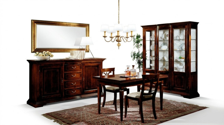 Dining table, 2 chairs, display cabinet, sideboard, mirror, complete dining room set, 6-piece, new