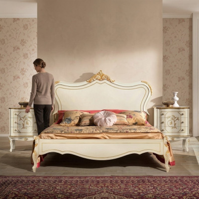 Luxury bed 160x195cm with wooden headboard and 2 nightstands Italian furniture new