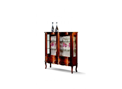 Designer luxury wood display cabinet, brown, 2 glass doors, 2 drawers, Italian furniture