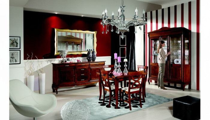 Dining table, 4 chairs, display cabinet, sideboard, mirror, complete dining room set, 8 pieces, new