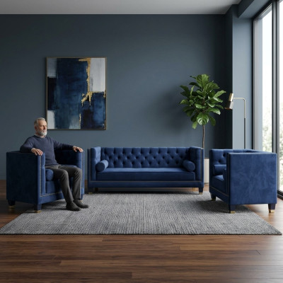 Chesterfield Blue Sofa Set 3-Piece Set Couch Upholstery Seating Group