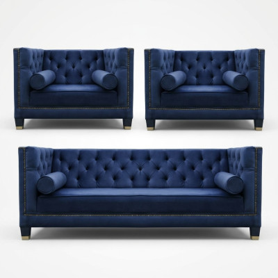 Chesterfield Blue Sofa Set 3-Piece Set Couch Upholstery Seating Group