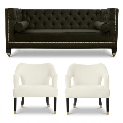Chesterfield+2 Armchairs Black White XXL Big Textile Fabric Sofas Creative