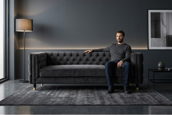 Black Chesterfield Sofa Big Luxury Furniture 4-seater Textile Fabric Couches