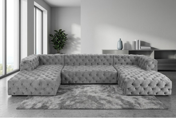 Chesterfield U-Shape Sofa Gray XXL Big Textile Fabric Couches Luxury Furniture Upholstered